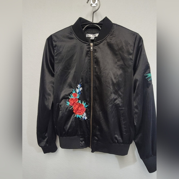 Say What? Black Bomber Jacket with Red Floral Embroidery Womens Size Small - Picture 12 of 12